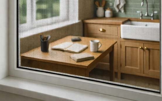 Detailansicht des feinmaschigen schwarzen Insektenschutzgewebes vor einem Badezimmerfenster mit Pflanze