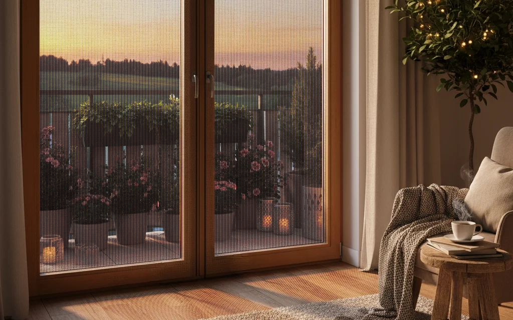 Montiertes Fliegengitter am Fenster im Wohnzimmer zum Schutz vor Mücken