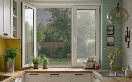 Küchenfenster mit Pollenschutzgitter für den Frühling